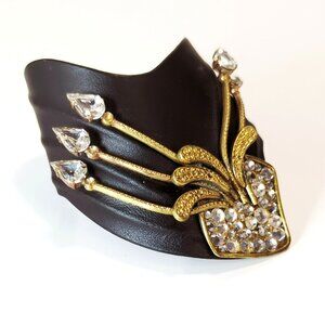 Vintage Luigi Briglia Black Leather & Rhinestone Cuff Bracelet Italian Designer